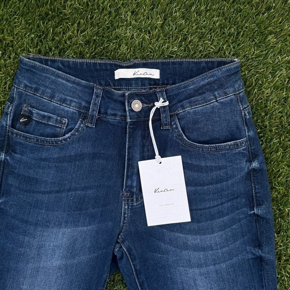 Kancan Blue Ankle Cropped Jeans with Frayed Hem and Pearl Detail - Picture 6 of 15